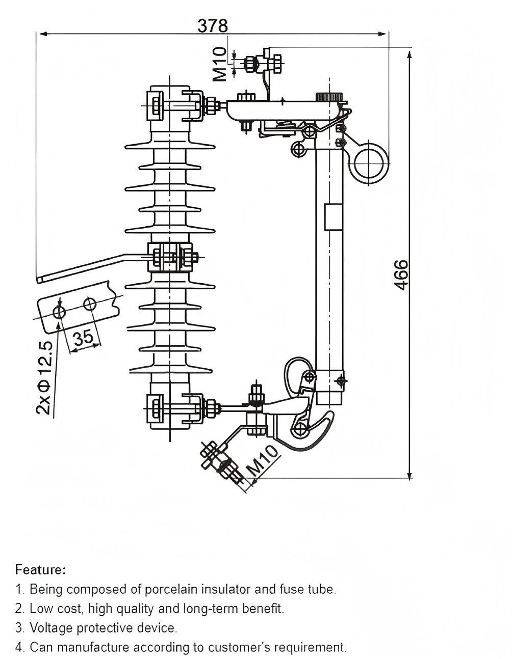 11 kV polymer fuse cut-out 200A composite bushing