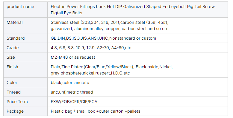 Eye Hook Galvanised Hook Bolt with Flange Pig Tail Hook Bolt